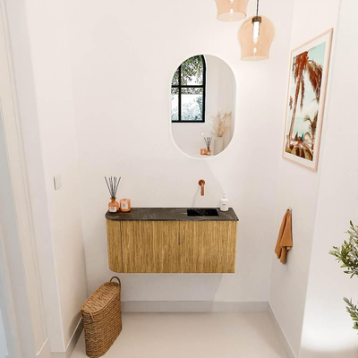 Mondiaz JOYA-DLUX 91.6cm toiletmeubel - ronding links kleur Oak - Wastafel FAYE positie Rechts Zonder kraangat kleur Lava.