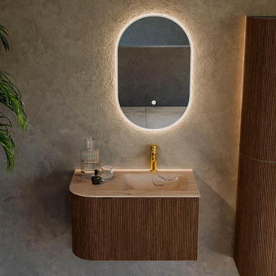 MONDIAZ KURVE-DLUX Meuble de salle de bains 75cm arrondi à gauche couleur Walnut avec 1 tiroir et 1 porte. Lavabo GRUNNE à droite 1 trou de robinet Arena.
