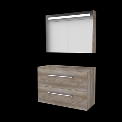 Basic-Line Premium 46 ensemble de meubles de salle de bain 100x46cm avec poignées 2 tiroirs plan vasque armoire de toilette éclairage led intégré mfc scotch oak