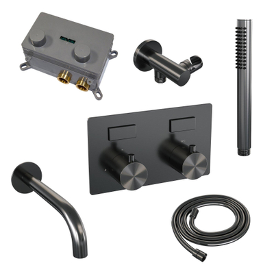 BRAUER gunmetal Edition thermostatische inbouw badkraan - drukknoppen SET 03 - uitloop - staaf handdouche - doucheslang - wandaansluitbocht - gunmetal geborsteld PVD