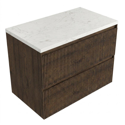 Saniclass Holz Atelier Ensemble meuble de salle de bains - 80x45x63cm - Plan vasque en marbre Dia poli (blanc) - sans trou de robinet - 2 tiroirs - chêne charcoal mat (bois)
