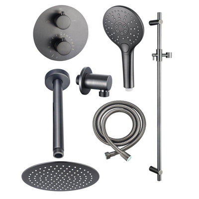 Fortifura Calvi Inbouw Regendoucheset - rond - thermostatisch - plafondarm - glijstang - 25cm - hoofddouche - ronde handdouche - metalen doucheslang - PVD - geborsteld gunmetal (antraciet)