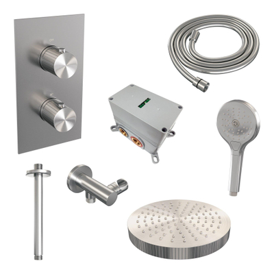 BRAUER Stripe Thermostatische Inbouw Regendouche - 3-weg - rechthoekig - 25cm douchekop - plafondarm - 3-standen handdouche - doucheslang - wandaansluitbocht - RVS-kleurig geborsteld PVD