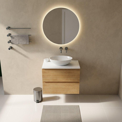Saniclass Holz Pure Ensemble meuble de salle de bains - 80x45x62.5cm - Plan de travail Torino en solid surface blanc - sans trou de robinetterie - 2 tiroirs - chêne natural mat (bois)