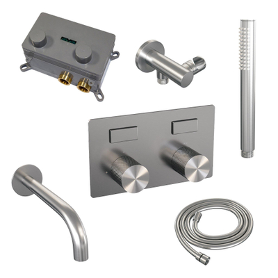 BRAUER Brushed Carving robinet de baignoire encastré thermostatique - boutons poussoirs SET 03 - bec de baignoire - douchette barre - flexible de douche - coude d'alimentation mural - inox brossé PVD