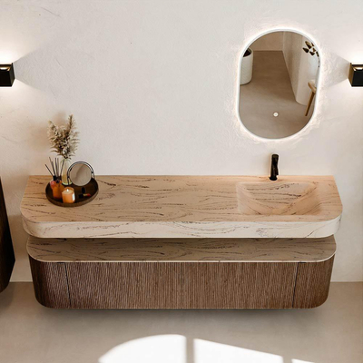 MONDIAZ THOR-DLUX 190cm badmeubel ronding links + rechts kleur Walnut met 2 lades en 2 deuren. Vrijhangende wastafel CLOUD Rechts 1 kraangat kleur Arena.