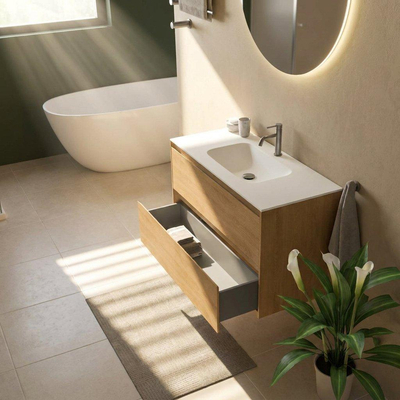 Saniclass Holz Pure Ensemble meuble de salle de bains - 100x45x61.5cm - Flow lavabo en solid surface blanc - 1 vasque - 1 trou de robinetterie - 2 tiroirs - chêne natural mat (bois)