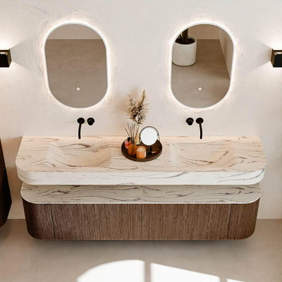 MONDIAZ THOR-DLUX 190cm badmeubel ronding links + rechts kleur Walnut met 2 lades en 2 deuren. Vrijhangende wastafel CLOUD Dubbel zonder kraangat kleur Nata.