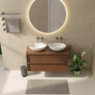Saniclass Holz Frame Ensemble meuble de salle de bains - 120x45x63cm - Plan de travail en pierre naturelle travertin - sans trou de robinet - 2 tiroirs - mat walnut pure (bois)