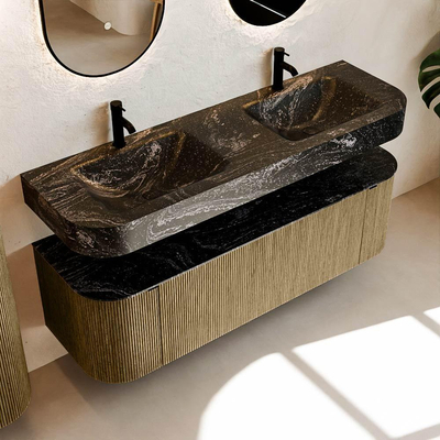 MONDIAZ THOR-DLUX 150cm meuble de salle de bains arrondi gauche + droite couleur Dusk avec 1 tiroir et 2 portes. Vasque suspendue CLOUD Double 2 trous de robinet couleur Lava.