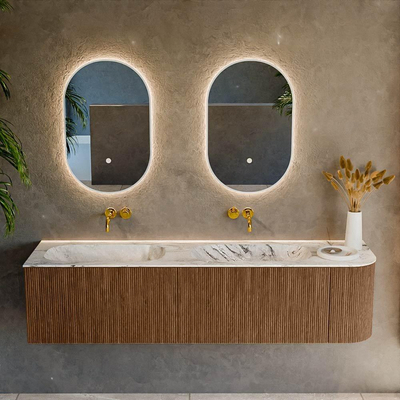 MONDIAZ KURVE-DLUX 175cm Meuble salle de bain avec module 25 D - couleur Walnut - 2 tiroirs - 1 porte - vasque STOR SMALL double / gauche - sans trou de robinet - couleur Glace