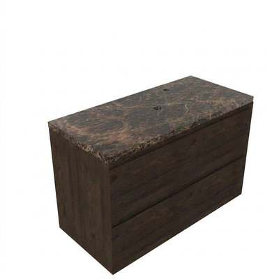 Saniclass Holz Pure Ensemble meuble de salle de bains - 100x45x63cm - Plan en pierre naturelle Noche dark emperador - 1 trou de robinet - 2 tiroirs - chêne charcoal mat (bois)