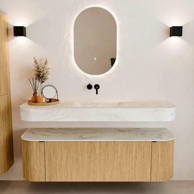 MONDIAZ THOR-DLUX 150cm meuble de salle de bains arrondi gauche + droite couleur Oak avec 1 tiroir et 2 portes. Vasque suspendue CLOUD Milieu sans trou de robinet couleur Ostra.