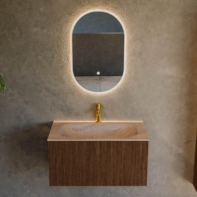 MONDIAZ KURVE-DLUX 80cm badmeubel kleur Walnut met 1 lade en 0 deuren. Wastafel BIG SMALL Midden 1 kraangat Saba.