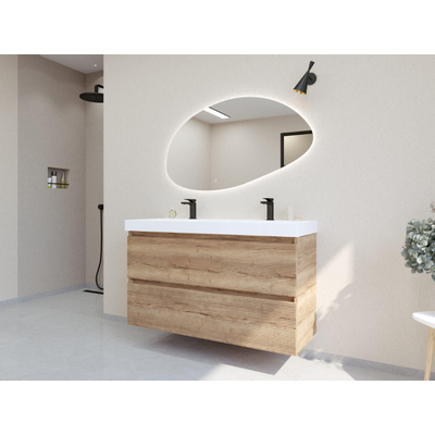 HR Infinity XXL ensemble de meubles de salle de bain 3d 120 cm 1 lavabo en céramique blanc 2 trous de robinet 2 tiroirs chêne français