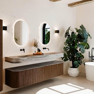 MONDIAZ THOR-DLUX 190cm meuble de salle de bains arrondi gauche + droite couleur Walnut avec 2 tiroirs et 2 portes. Vasque suspendue CLOUD Double sans trou de robinet couleur Sombra.