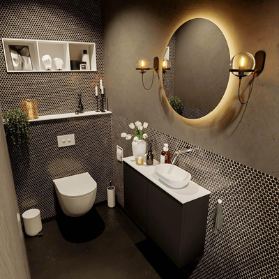 Mondiaz Fowy Toiletmeubel - 80x50x23cm - urban mat - 0 kraangaten - wasbak rechts - 2 deuren - solid surface - blad MDF - wasbak: wit