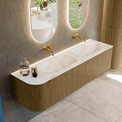 Mondiaz KURVE-DLUX Ensemble de meuble de salle de bains - 165x46x40cm - 2 tiroirs - 1 porte - lavabo solid surface - double / droite - sans trou de robinet - Dusk