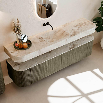 MONDIAZ THOR-DLUX Meuble de salle de bains 190cm arrondi gauche + droite couleur Shadow avec 2 tiroirs et 2 portes. Vasque suspendue CLOUD Milieu sans trou de robinet couleur Frappe.