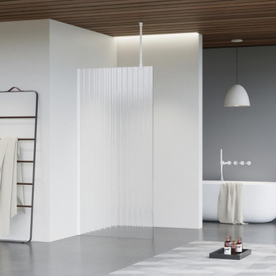 FugaFlow Eccelente Vetro Douche à l'italienne - 50x200cm - Verre nervuré - Bras plafond - Blanc mat