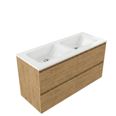 Saniclass Holz Pure Ensemble de meubles de salle de bains - 120x45x77.5cm - lavabo Torino en solid surface blanc - sans trou de robinet - 4 tiroirs - chêne natural mat (bois)