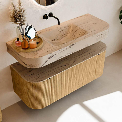 MONDIAZ THOR-DLUX 120cm badmeubel ronding links + rechts kleur Oak met 1 lade en 2 deuren. Vrijhangende wastafel CLOUD Midden zonder kraangat kleur Arena.