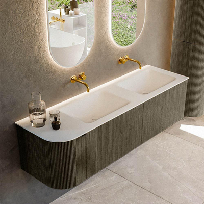 Mondiaz KURVE Ensemble de meuble de salle de bains - 155x46x40cm - 2 tiroirs - 1 porte - vasque solid surface - double / droite - sans trou de robinet - Shadow
