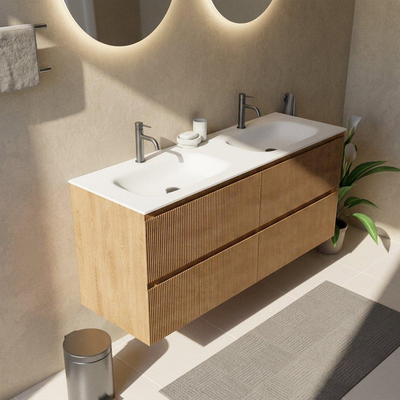 Saniclass Holz Atelier Ensemble de meubles de salle de bains - 140x45x61.5cm - lavabo Flow en solid surface blanc - 2 vasques - 2 trous de robinet - 4 tiroirs - chêne natural mat (bois)