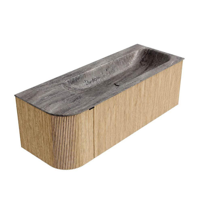 MONDIAZ KURVE-DLUX 125cm badmeubel ronding Links kleur Oak met 1 lade en 1 deur. Wastafel BIG MEDIUM Rechts zonder kraangat Oza.