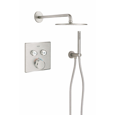 Grohe - Adema Rise Regendoucheset - vierkant - wandaansluitbocht met handdouchehouder - gladde doucheslang - staafhanddouche - wandarm - 25cm hoofddouche - Grohe SmartControl inbouwthermostaat - chroom