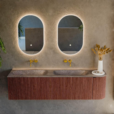 MONDIAZ KURVE-DLUX meuble de salle de bains 165cm arrondi droit couleur Ruby avec 2 tiroirs et 1 porte. Lavabo STOR SMALL Double / gauche sans trou de robinet Oza.
