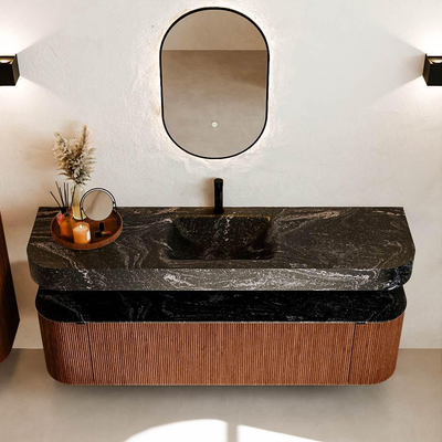 MONDIAZ THOR-DLUX Meuble de salle de bains - 170cm - arrondi gauche + droite - couleur Ruby - 1 tiroir et 2 portes - Vasque suspendue CLOUD Milieu 1 trou de robinet - couleur Lava