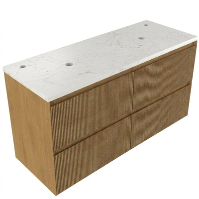 Saniclass Holz Atelier Ensemble meuble de salle de bains - 120x45x63cm - Plan vasque en marbre Dia poli (blanc) - 2 trous de robinetterie - 2 tiroirs - chêne natural mat (bois)