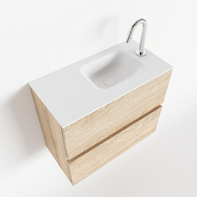 MONDIAZ ADA Toiletmeubel - 60x30x50cm - 1 kraangat - 2 lades - washed oak mat - wasbak rechts - Solid surface - Wit