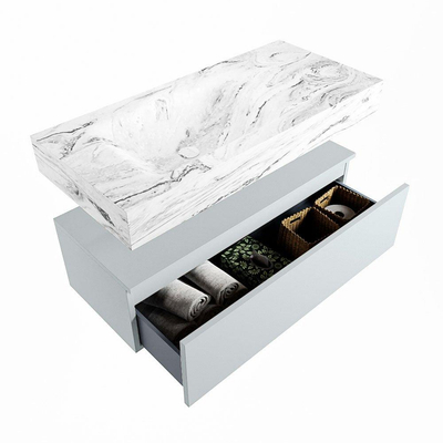 Mondiaz ALAN-DLUX Ensemble de meuble - 100cm - meuble Clay mat - 1 tiroir - Lavabo Cloud Glace suspendu - vasque Gauche - 0 trous de robinet