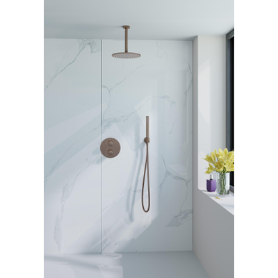 FugaFlow Eccelente Acces Ensemble de douche de pluie encastré - rond - thermostatique - bras de plafond - pomme de tête 25cm - douchette à main sur barre - Cuivre brossé PVD (Cuivre)