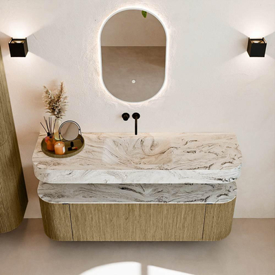 MONDIAZ THOR-DLUX 150cm meuble de salle de bains arrondi gauche + droite couleur Dusk avec 1 tiroir et 2 portes. Vasque suspendue CLOUD Milieu sans trou de robinet couleur Glace.