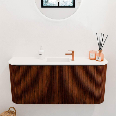 Mondiaz JOYA Meuble de toilette 93,2cm - arrondis à gauche et à droite couleur Ruby - Vasque FAYE position Milieu 1 trou de robinet couleur Talc