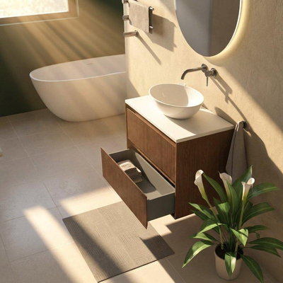 Saniclass Holz Atelier Ensemble de meubles de salle de bains - 80x45x62.5cm - plan de toilette Torino en solid surface blanc - sans trou de robinet - 2 tiroirs - walnut pure mat (bois)