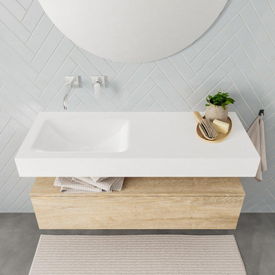 MONDIAZ ALAN 120cm - meuble bas - chêne lavé - 1 tiroir - lavabo suspendu - vasque à gauche - 0 trous de robinet - talc