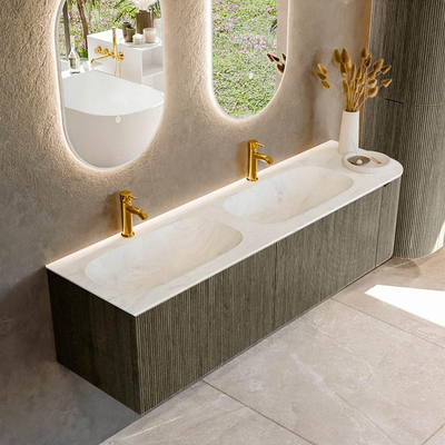 Mondiaz KURVE-DLUX Ensemble meuble de salle de bains - 165x46x40cm - 2 tiroirs - 1 porte - lavabo solid surface - double / gauche - 2 trous de robinet - Shadow