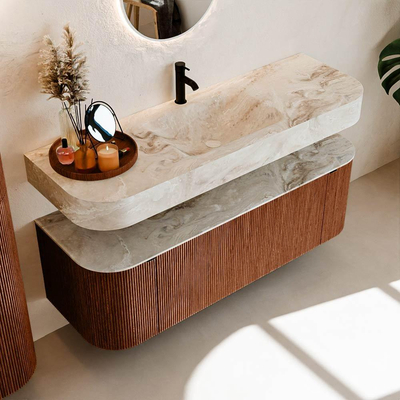 MONDIAZ THOR-DLUX 140cm meuble de salle de bains arrondi gauche + droite couleur Ruby avec 1 tiroir et 2 portes. Vasque suspendue CLOUD Milieu 1 trou de robinet couleur Frappe.