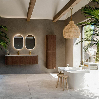 MONDIAZ KURVE-DLUX meuble de salle de bains 145cm avec module 25 L couleur Walnut avec 1 tiroir et 1 porte. Lavabo BIG LARGE à droite 2 trous de robinetterie couleur Opalo.