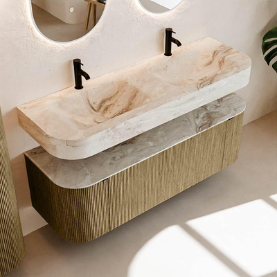 MONDIAZ THOR-DLUX 140cm meuble de salle de bains arrondi gauche + droite couleur Dusk avec 1 tiroir et 2 portes. Vasque suspendue CLOUD Double 2 trous de robinet couleur Frappe.