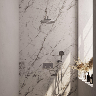 BRAUER Brushed Carving Ensemble de douche de tête thermostatique encastré - boutons-poussoirs - SET 58 - douche de tête 30 cm - bras mural courbé - douchette 3 jets - flexible de douche - coude d'alimentation mural - inox brossé PVD