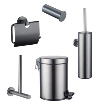Fortifura Calvi Ensemble WC 5 pièces - porte-rouleau de papier toilette - porte-rouleau de réserve - porte-brosse de toilettes - patère pour serviette - poubelle à pédale - Gunmetal brossé PVD