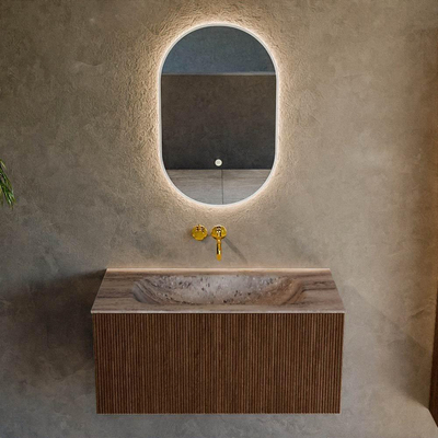 MONDIAZ KURVE-DLUX 90cm badmeubel kleur Walnut met 1 lade en 0 deuren. Wastafel BIG SMALL Midden zonder kraangat Oza.