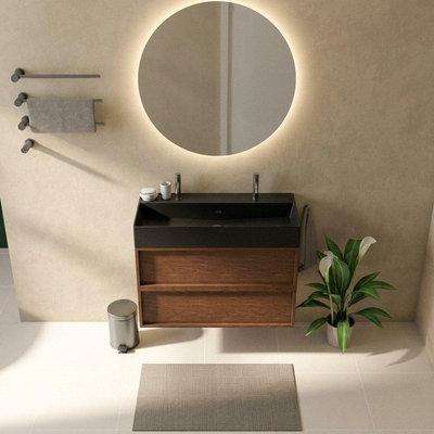 Saniclass Holz Frame Ensemble meuble de salle de bains - 100x45x72cm - Legend lavabo en céramique noir mat - 1 vasque - 2 trous de robinetterie - 2 tiroirs - walnut pure mat (bois)