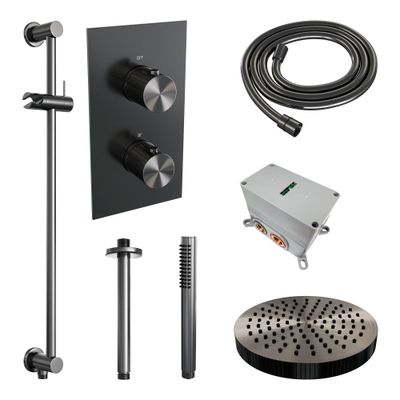 BRAUER Stripe Thermostatische Inbouw Regendouche - 3-weg - rechthoekig - 25cm douchekop - plafondarm - staaf handdouche - doucheslang - geïntegreerde glijstang - gunmetal geborsteld PVD