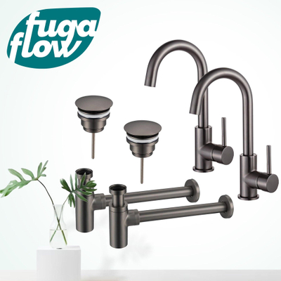 FugaFlow Eccelente Sobrado Badkamer Wastafelkraanset - voor dubbele wastafel - hoge wastafelkraan - draaibare uitloop - always open plug - design sifon - PVD Gepolijst Gunmetal - Black Friday -